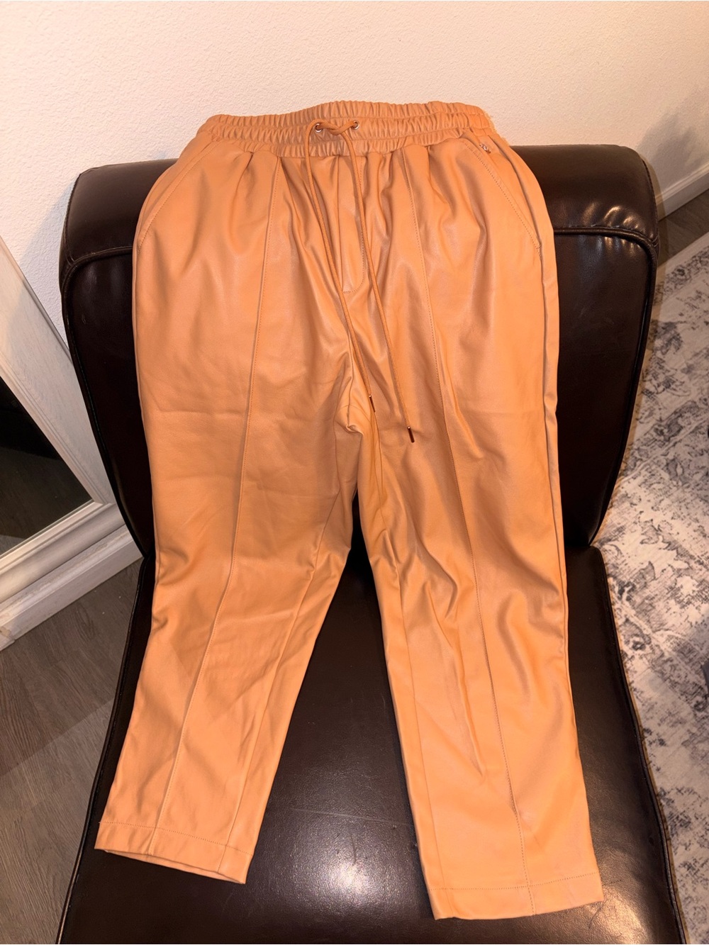Faux-Leather Jogger Pants in Tan